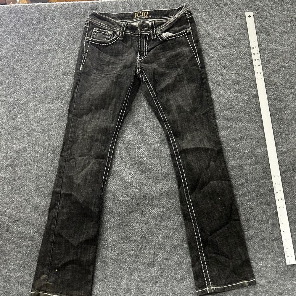 JCJQ Jeans Womens Size 9 Black Ramie Cotton Thick Stitch Bootcut Embellished y2k